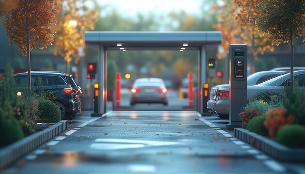 realistic smart parking lot entrance with automated pass system and surveillance
