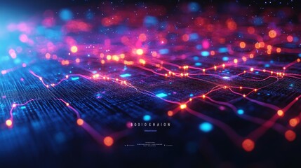 Abstract digital data flow visualization with glowing particles and lines forming a network.