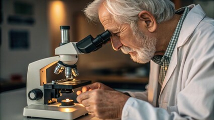A closeup view of a senior mans hands as he is learning to use a digital microscope. The intricately designed microscope sits under bright laboratory lights and he examines a