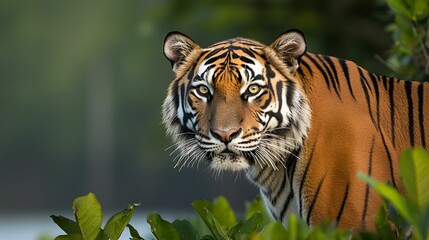 Fototapeta premium Wildlife local travel concept Majestic tiger peering through lush greenery in a serene environment.