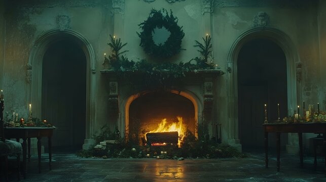 Enchanting fireplace scene in an old manor house, adorned with Christmas decorations and burning logs, creating a warm and inviting atmosphere.