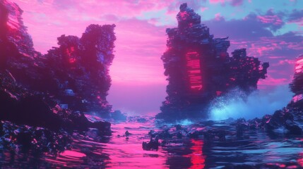Obraz premium Surreal pink and blue landscape with glowing rock formations and a lone figure walking towards a mysterious gateway.