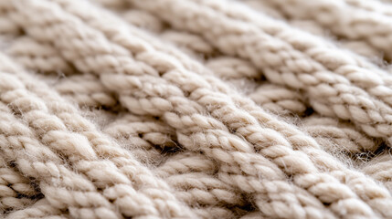 Detailed close-up of a knitted wool texture in warm beige and gray tones