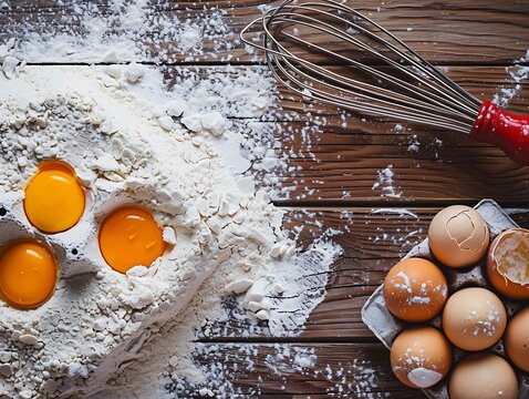 Overhead view of baking ingredients on a wooden surface, eggs and flour with a whisk, space for recipe text.
