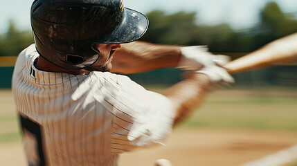 Dynamic action shot of a baseball player swinging a bat and hitting a ball with power