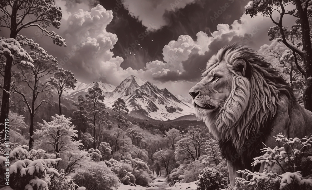 Aufkleber a lion is standing in a snowy forest with mountains in the background. the image has a mood of seren