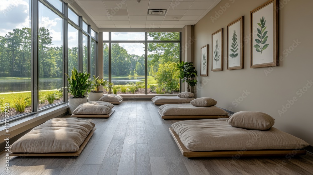 Poster a calm and inviting meditation area features low floor cushions and large windows that showcase a pe