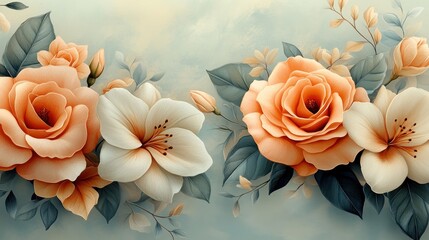 Peach and cream roses and lilies on a pastel background.