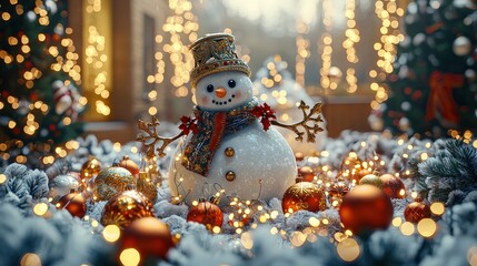 An ornate snowman is the centerpiece of a glowing yard display with colourful lights and ornaments. The magical atmosphere inspires joy and creativity.