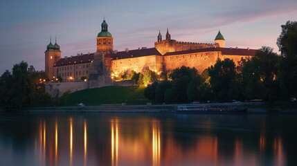 Obraz premium Majestic Castle at Dusk with Reflections in Calm Water Below