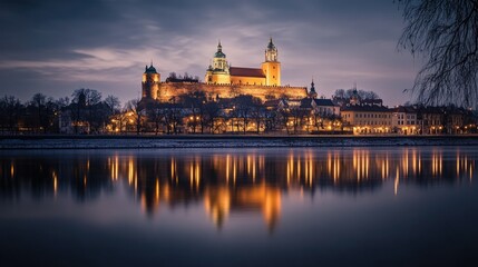 Fototapeta premium Majestic Castle Illuminating Cityscape At Dusk With Reflections