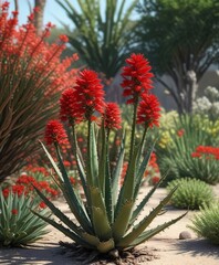 Fototapeta premium Aloe arborescens in full bloom with red flowers, candelabra aloe, garden plant