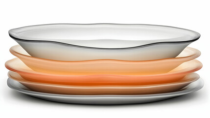 Stack of three modern, translucent, oval-shaped plates in grey, white and orange hues.
