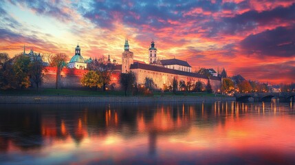 Naklejka premium Stunning Sunset over Historic Castle with Reflections in Water