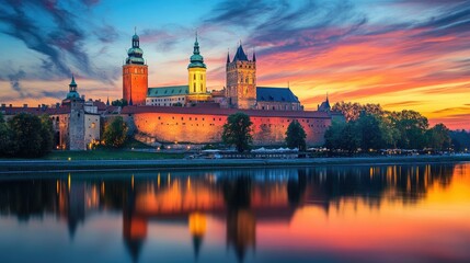 Obraz premium Beautiful Sunset Over Historic Castle and Reflecting River Scene