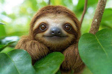 Naklejka premium Adorable baby sloth clinging to a tree branch, surrounded by lush green leaves.