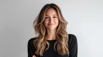Naklejka premium Portrait of a woman with stylish balayage highlights in her hair, framed by a neutral background