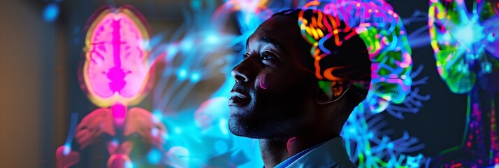 Neuroscientist surrounded by digital projections of different brain regions each glowing with different colors