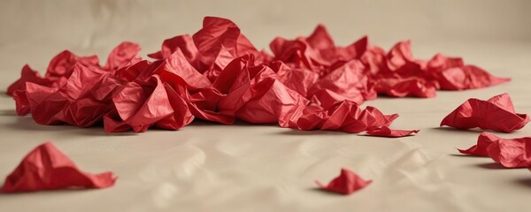 Fototapeta premium crumpled red tissue paper scattered on a beige surface , paper, red