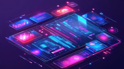 Obraz premium Futuristic digital interface with glowing data dashboards and interactive elements.