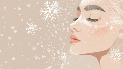 Woman's face with snowflakes on beige background.