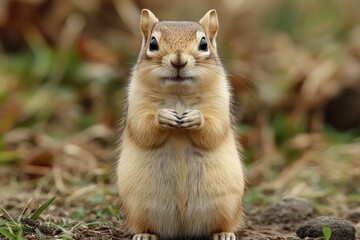 Fototapeta premium Adorable chipmunk standing on hind legs, looking directly at the camera in a natural outdoor setting.