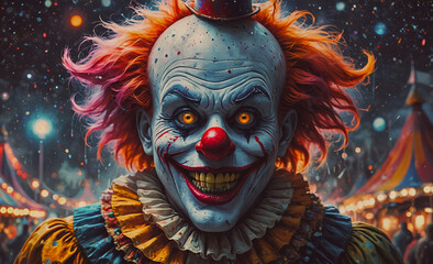 A clown with a red nose and a big smile on his face. The clown is surrounded by lights and he is in a circus setting
