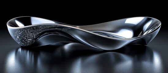 Sleek, metallic bowl with wavy design, reflecting light on a dark surface.