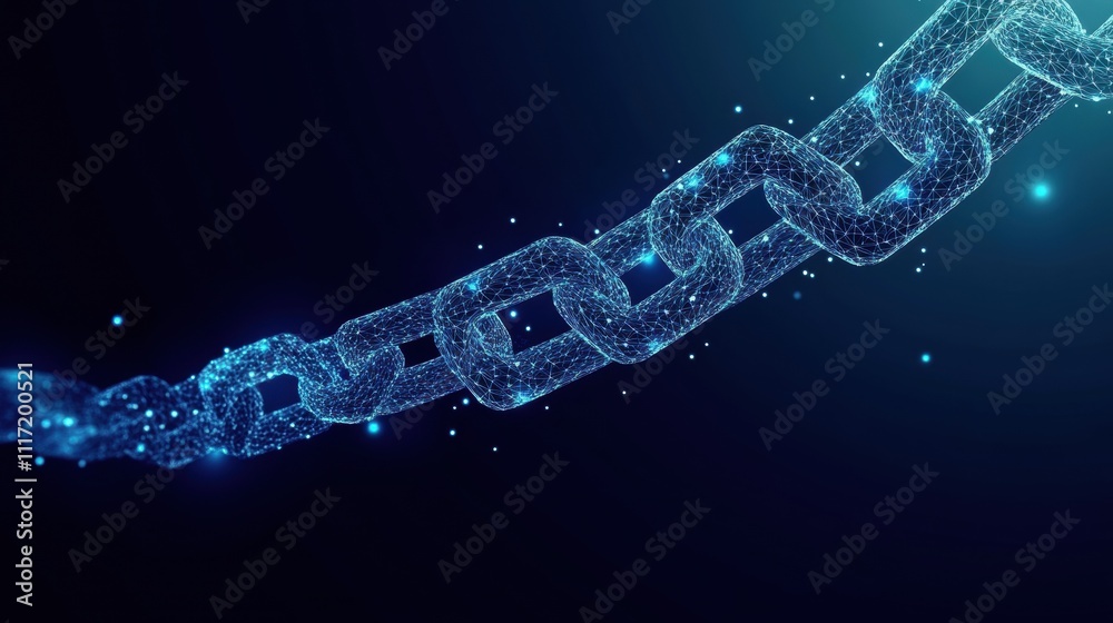 Poster exploring digital connectivity chain links of blockchain technology in a futuristic environment