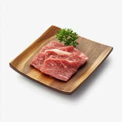Fototapeta premium Slicing premium wagyu beef in traditional japanese wooden square plate gourmet food experience minimalist style culinary art