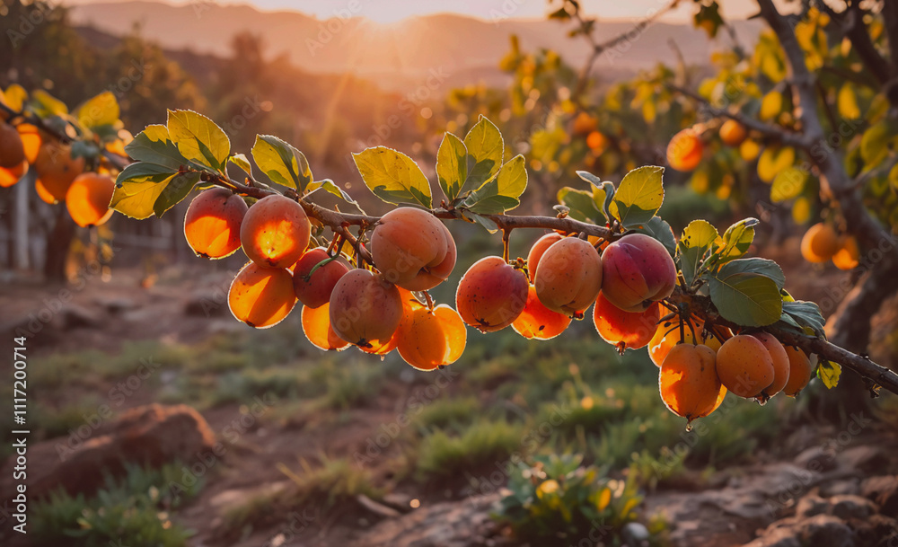 Poster A tree with many ripe peaches hanging from it. The sun is setting in the background