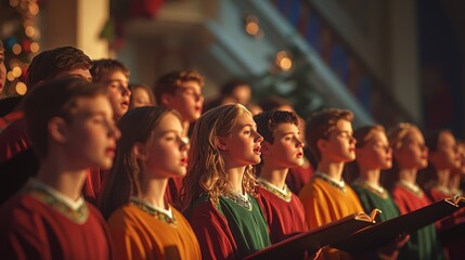 Fototapeta premium A colourful choir of young adults performing in a church on Christmas Eve. Sacred ambiance with divine energy.