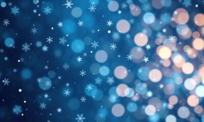 Obraz premium Whimsical falling snowflakes in a stunning, intricate bokeh effect on a dark blue background, bokeh, soothing colors