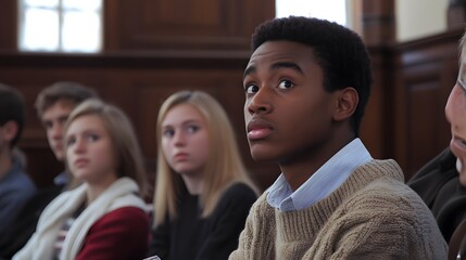 A dynamic capture of a classroom debate, with one student standing to speak while others listen attentively.