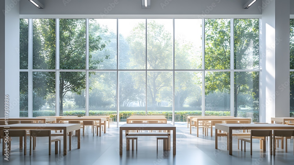 Poster a minimalist image of a clean, modern classroom with sleek furniture and bright natural light stream
