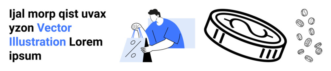 Individual holding shopping bags, text elements, and large coin with falling smaller coins. Ideal for e-commerce, online shopping, financial growth, savings, digital marketing, consumer behavior