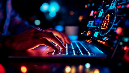 A person's hand typing on a laptop keyboard, with various cybersecurity icons and symbols overlaying the image, including a lock icon, an envelope icon, and other digital security elements