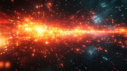 Abstract cosmic energy flow with orange and blue particles in dark space.