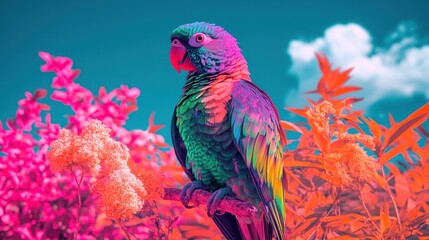 Vibrant parrot perched on branch amidst surreal, colorful flowers and blue sky.