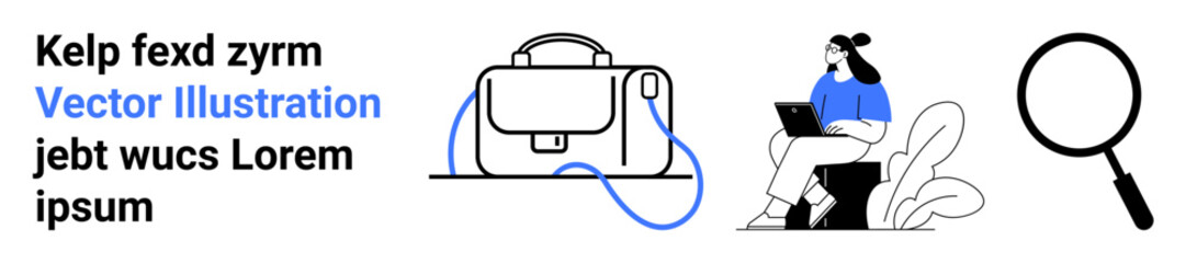 Briefcase, seated person with laptop, magnifying glass. Ideal for educational content, business presentations, professional websites, career blogs, tech startup visuals, online learning platforms