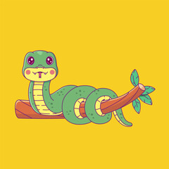 Vector illustration of baby snake on a tree branch. Isolated cute cartoon snake.