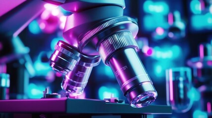 A close-up of a microscope with vibrant lighting, highlighting scientific research and analysis.