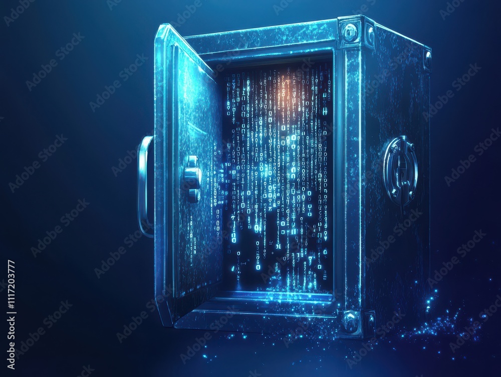 Poster A Futuristic Safe Opening with Streams of Digital Data Flowing Out, Representing Security and Data Protection Concepts in a High-Tech Environment