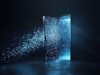 A futuristic door opening to a digital world filled with binary code, symbolizing the convergence of reality and technology in a captivating visual experience