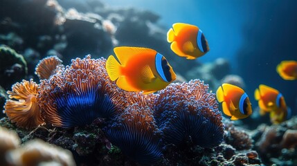Vibrant orange fish swim near purple coral in clear blue ocean water.
