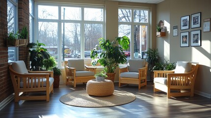 Obraz premium A cozy interior space features comfortable wooden chairs and a round table, surrounded by various indoor plants, enhanced by natural light streaming in from large windows.