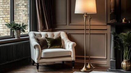 Elegant cream armchair with gold floor lamp in a luxurious living room.