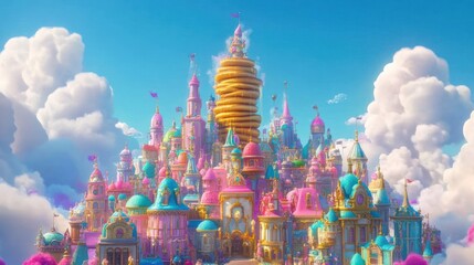 Whimsical candy castle town in clouds, vibrant colors, fairytale architecture.