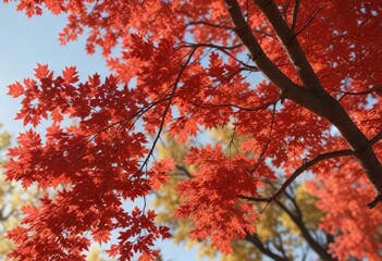 Sunlit tree branches with full-grown red maple leaves, orange leaves, maple tree, yellow leaves