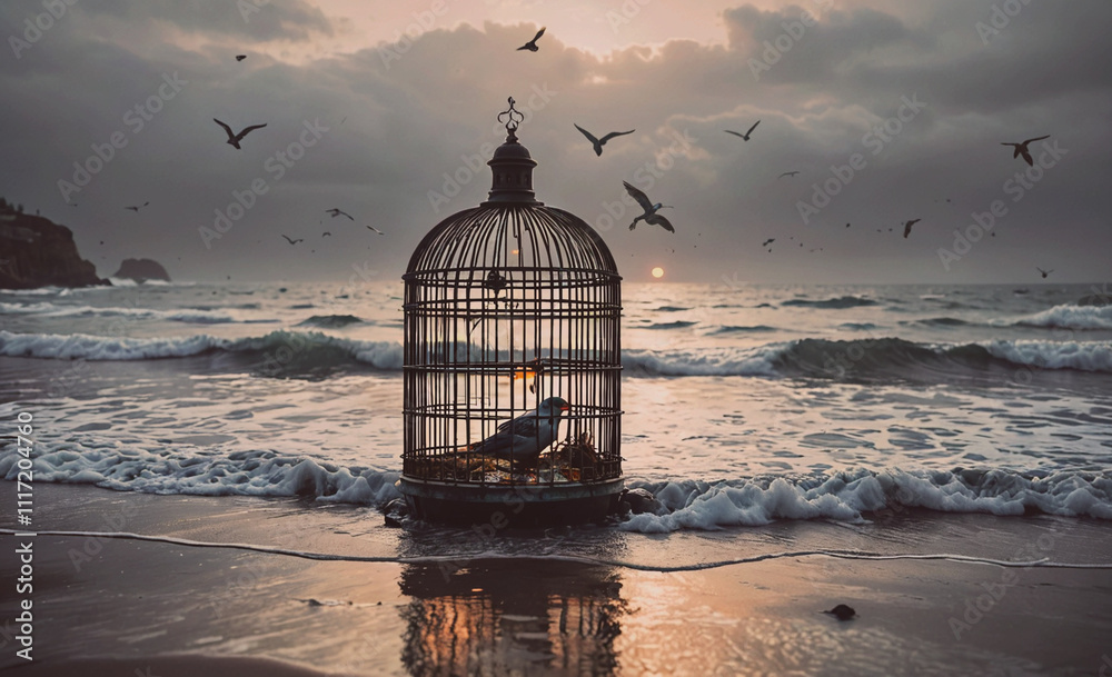 Aufkleber a birdcage is on the beach with a few birds inside. the cage is empty and the birds are flying aroun
